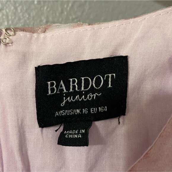 Pink Floral Bardot Junior Girls Dress Size 16 With Puff Sleeves & Back Zipper - Picture 3 of 6